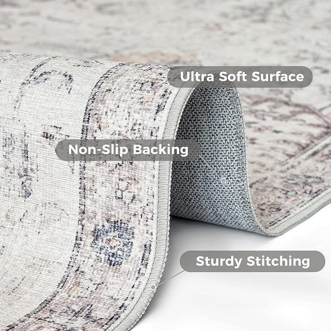 jinchan Runner Rug 3x7 Washable Hallway Rug Vintage Indoor Thin Retro Floor Cover Distressed Gray Floral Country Lightweight Non Slip Carpet for Entryway Bathroom Kitchen Bedroom Living Room Grey