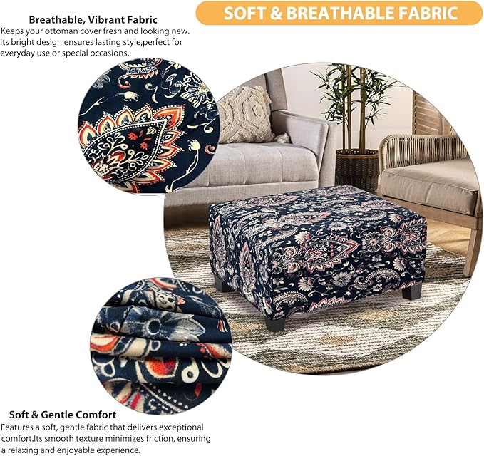 Ottoman Cover Rectangle Printed,Stretch Slipcover for Rectangular Footstool,Soft Fabric with Non-Slip Elastic Bottom,Furniture Protector for Living Room or Bedroom,X-Large,Flower G