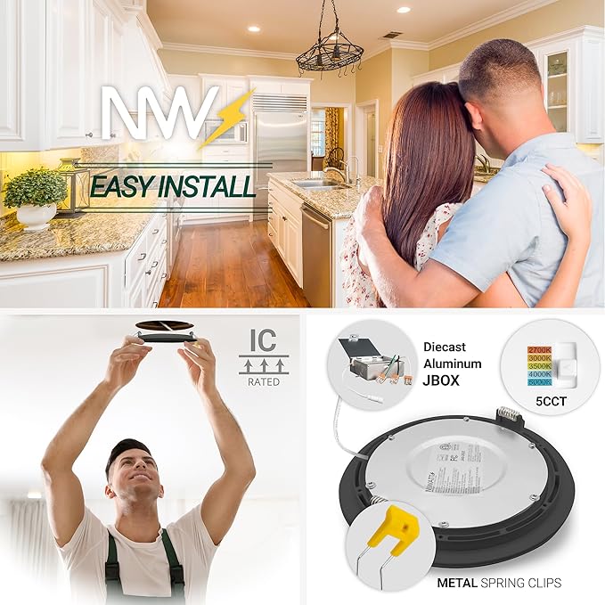NUWATT 12 Pack, 6 inch Black Gimbal LED Recessed Lighting Canless Wafer Lights, 5CCT 2700K/3000K/3500K/4000K/5000K Selectable, Dimmable 1050LM, 12W, Directional Recessed Light for Sloped Ceilings, ETL