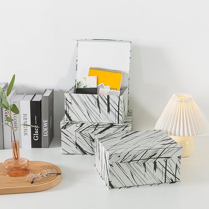 Soul & Lane Decorative Storage Boxes with Magnetic Closure - Set of 3 Modern Memory Keepsake Boxes with Lids, Black and White Cardboard Gift Storage for Organizing and Home Décor, Minimalist Stripe