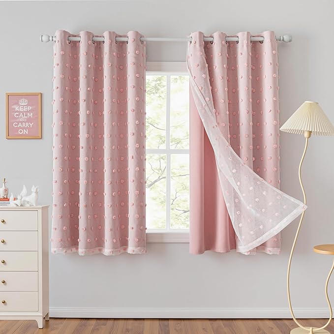 MYSKY HOME Pink Curtains for Girls Bedroom Pom Pom Sheer Curtain 63 Inches Length Thermal Insulated Nursery Blackout Curtains Room Darkening Short Kitchen Drapes Grommet, 52 x 63 in, 2 Panels