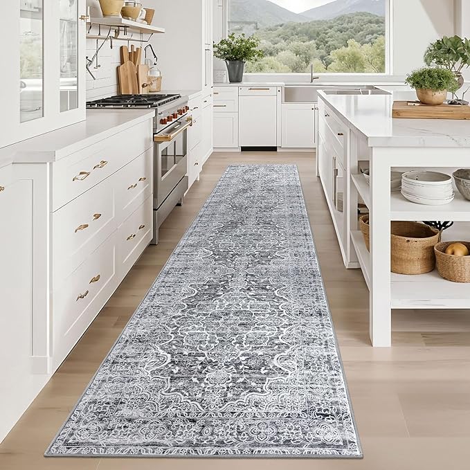 KUTA Vintage Washable Runner Rug 2.6x12, Non-Slip Hallway Kitchen Runners Grey Blue White with Rubber Backing, Soft Printed Modern Medallion Extra Long 12ft Carpet Rugs Indoor for Bedroom