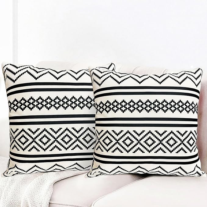 Decorative Throw Pillow Covers Set of 2 Black Boho Pillow Covers 20x20 Inch Throw Pillow Cover Linen Pillowcase Modern Boho Farmhouse Outdoor Pillow Covers for Couch Sofa Bed Living Room