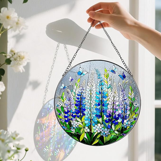 8-Inch Stained Glass Ornament, Stained Glass Window Hanging, Window Hanging Decor Suncatcher, Texas Bluebonnet Ornament | Christmas, Mother's Day, Birthday | Gifts for Mom, Garden Gifts for Friends