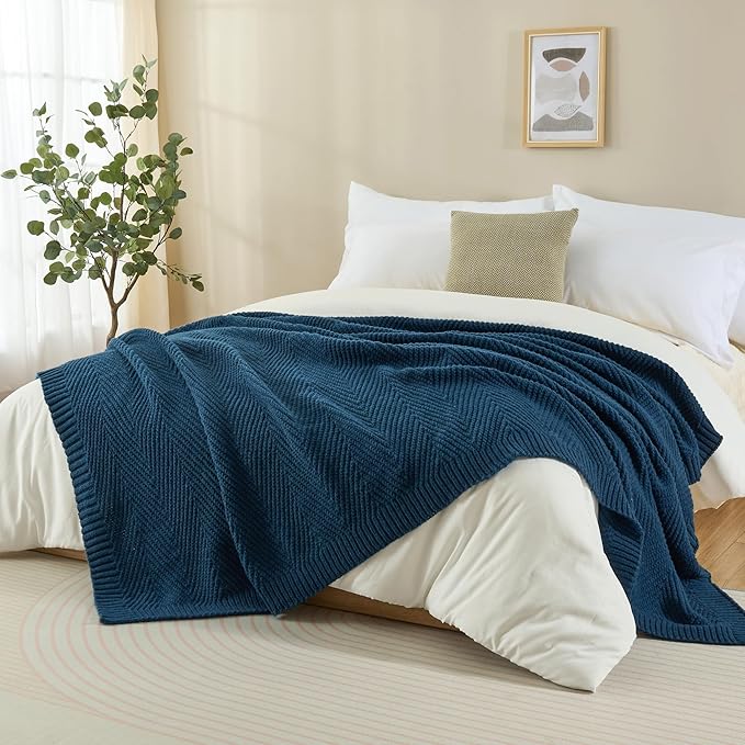 Knitted Throw Blanket 50"X60", Navy Blue Knit Throws for Bed, Super Soft Boho Chevron Blankets for Couch Sofa Chair Room Decor, Textured Decorative Farmhouse Cozy Lightweight