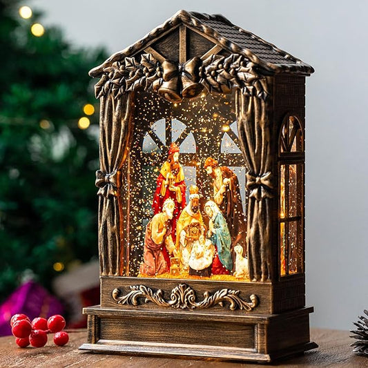 Three Kings Three Saints Window Christmas Snow Globe Swirling Glittering Nativity Figurines Manger Scene, USB Lined/Battery Operated Lighted Water Lantern for Christmas Festival Decoration Gifts
