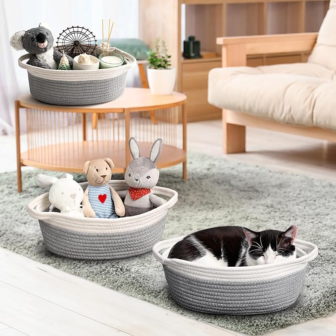 LANDNEOO Small Woven Basket with Gift Bags and Ribbons, Empty Decorative Gift Chest Box, Cute Baby Gift Basket for Nursery, Cotton Rope Room Shelf Storage Basket with Handles, 12"x 8"x 5", Gray