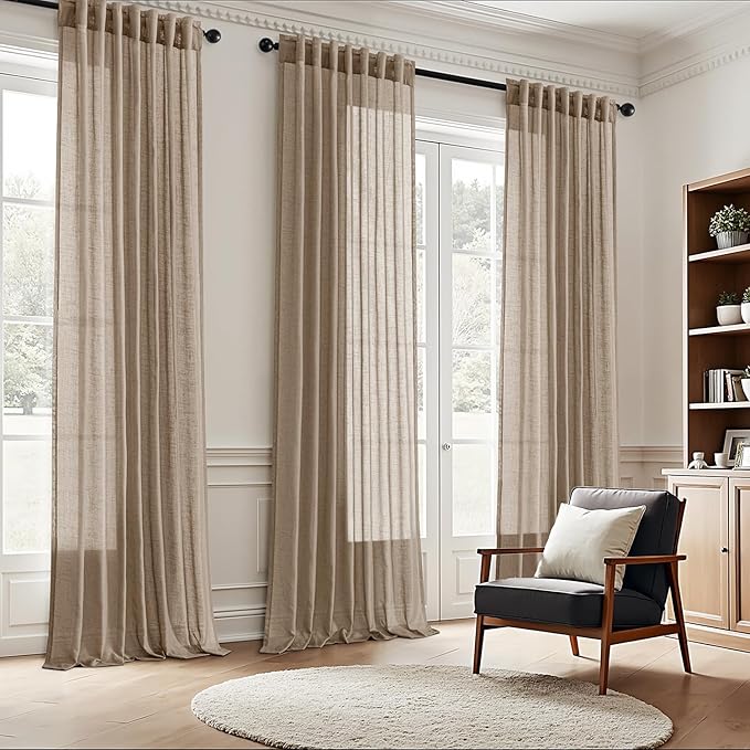 ANRODUO Taupe Linen Curtains 102 Inches Long 2 Panels Light Filtering Sheer Back Tab Rod Pocket Drapes Cotton Linen Textured Window Curtain 102 Inch Length for Bedroom Patio Sliding Glass Door