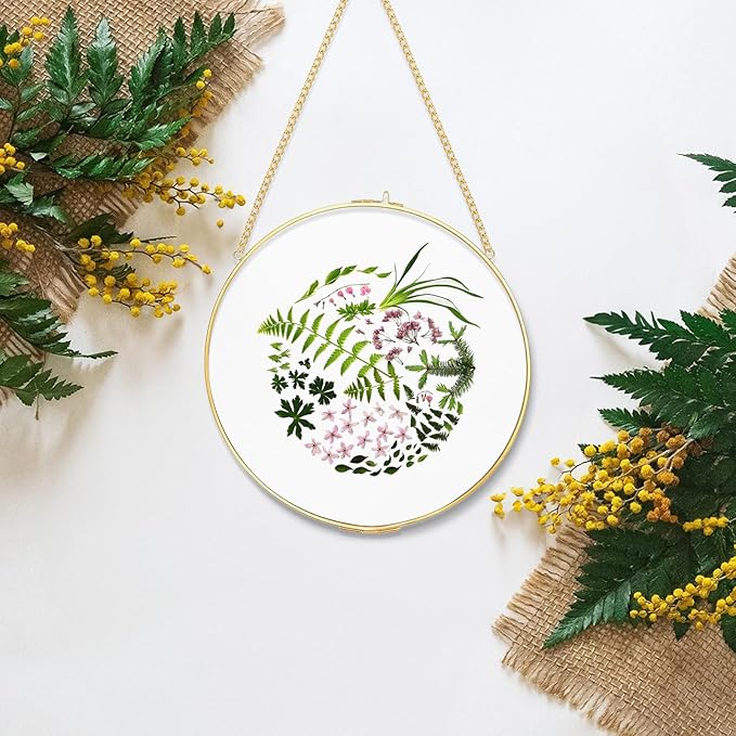 FOCHIER F Pressed Flower Frames with Tweezers, Wall Hanging Tabletop Display Double Glass Round Frames with Metal Chain for Pressed Dried Flowers Plants, Horizontal and Vertical Picture Frame, Golden