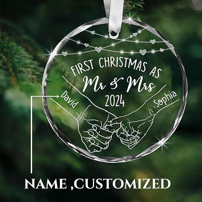 Personalized Mr and Mrs Ornament 2025 – Our First Christmas Married Gift for Couples – Wedding Keepsake – Personalized Names – Clear Glass Ornament for Newlyweds