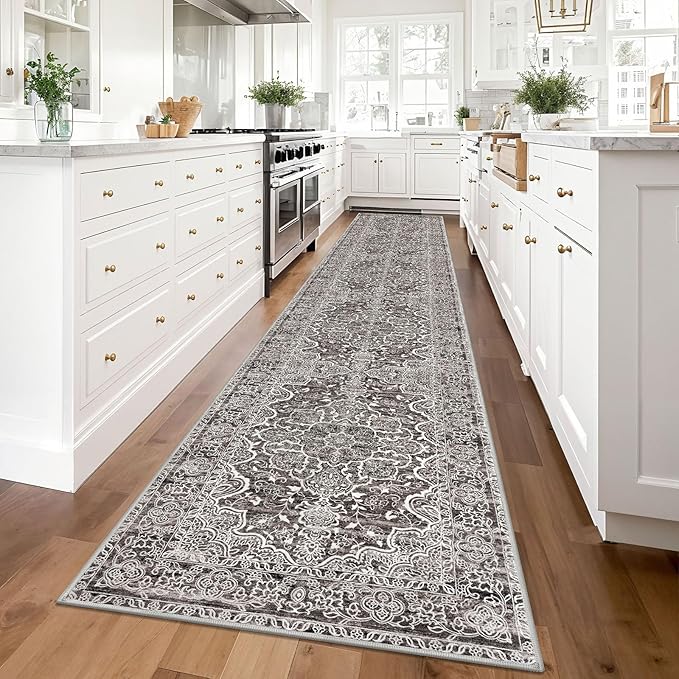 KUTA Vintage Medallion Washable Runner Rug 2.6x14, Non-Slip Hallway Kitchen Rugs Tan Grey with Rubber Backing, Ultra Soft Printed Floral Extra Long 14ft Carpet Runners Indoor for Stairs
