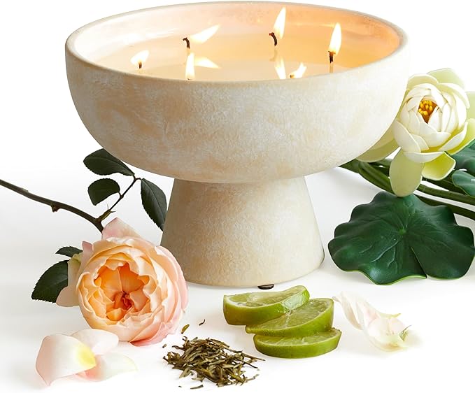 Blueme Balance Candle | White Lotus & Tea | 6 Wick - Refillable Wellness Candle with Essential Oils, Hand Finished & Poured Soy Wax Blend Ceramic Vessel, Natural Cotton Wicks | Giant 45 oz