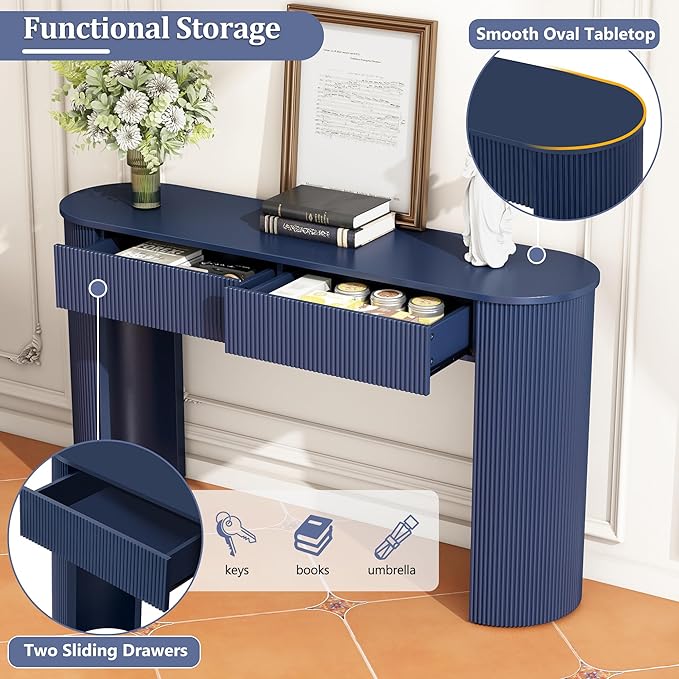 Modern Versatile Console Table with Oval Top and 2 Drawers, Wooden 54'' Long Entryway Table Accent Sofa Table for Hallway Living Room, Unique Vertical Stripe Design (Navy-1.27)