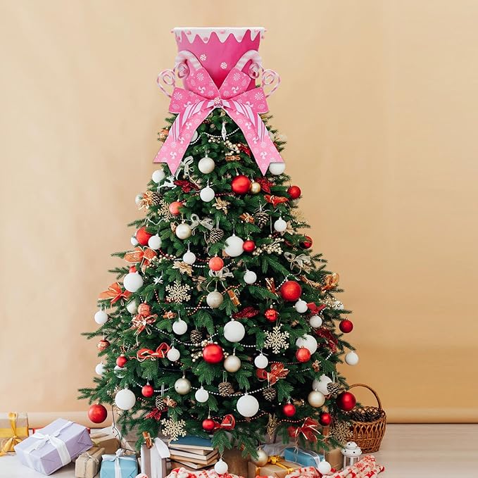 Jenaai Christmas Tree Topper Hat Candy Canes Tree Topper with Striped Bow Ribbon and Lollipop Christmas Decorations Desktop Ornaments Xmas Festive Gift for Home Xmas Holiday Winter Decor (Pink)