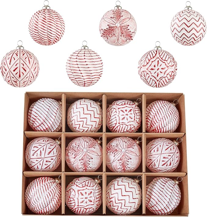 Vintage Christmas Ornaments Ball Set, 12 PCS Shatterproof Antique Traditional Christmas Tree Ornaments for Indoor Xmas Holiday Home Decor (Red)