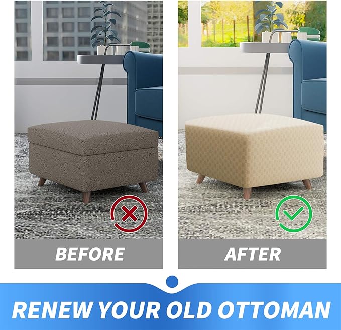 MAXIJIN Jacquard Ottoman Cover Slipcovers Folding Storage Stool Furniture Protector Cover Soft Thick Rectangle Foot Rest Slipcover with Elastic Bottom (Ottoman Large, Light Beige)