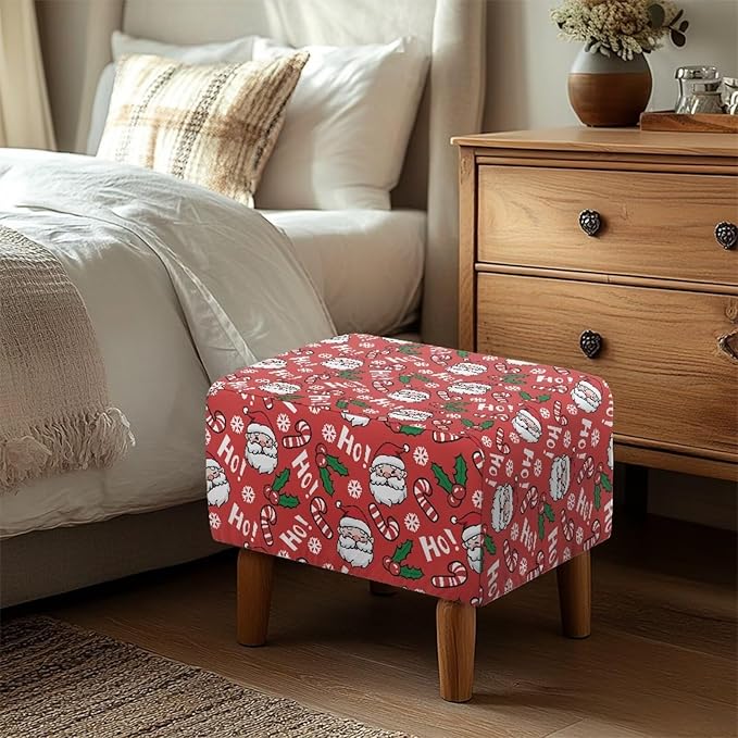 Santa & Candy Cane Christmas Ottoman Cover - Removable, Machine Washable Stretch Slipcover for Rectangular Storage Ottomans, Festive Decor