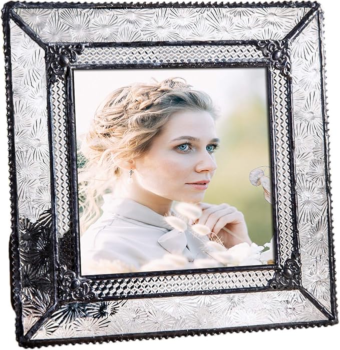J Devlin Glass Art Pic 380-44 Square 4 x 4 Picture Frame Stained Glass Tabletop Photo Frame Vintage Home Decor Keepsake Gift