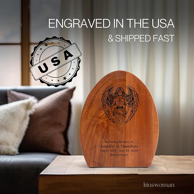Custom Angel Praying Cremation Urn for Adult Ashes - 250 Cubic Inches - Extra Large Wooden Memorial Casket - Engraveable, Personalized Decorative Urns