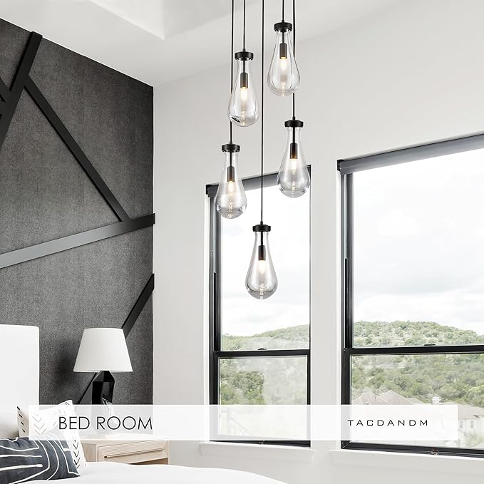 5-Light Raindrop Pendant Light Fixtures, Black Glass Pendant Lighting, Teardrops Modern Hanging Light for Entryway Foyer Kitchen Island Dining Living Room Hallway