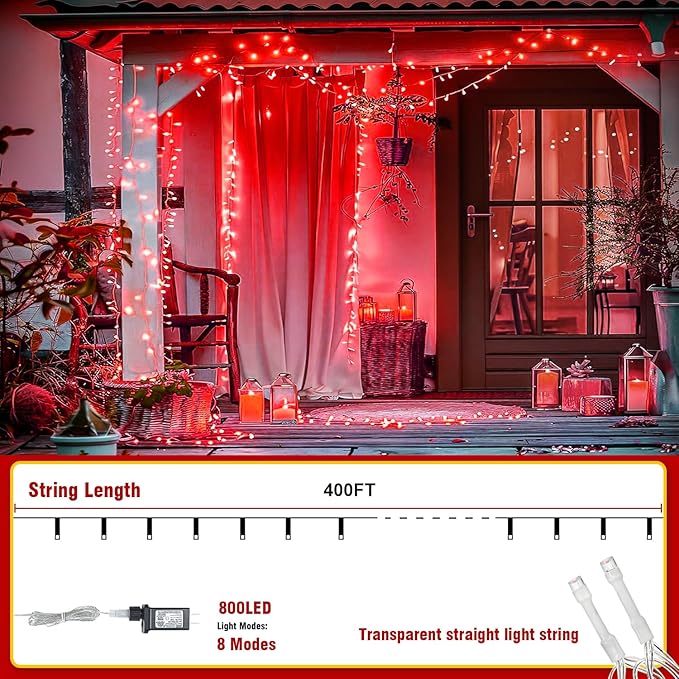 400FT Extra Long Red Christmas String Lights, LED Outdoor Waterproof Fairy Lights with Remote & Timer, 8 Modes Dimmable Seasonal Lights for Roof, Garden, Party, Wedding Decorations