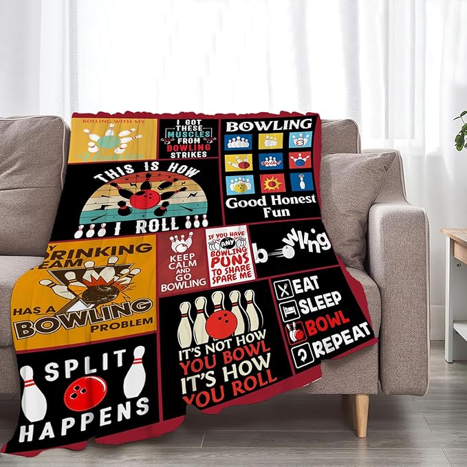 Bowling Blanket Sports Ball Throw Blankets Plush Cozy Flannel Fleece Ultra Soft Fuzzy Party Blanket Gifts for Girls Women Men Boys Kids Bed 60"X50"