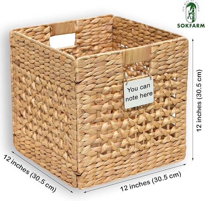 4 Pcs Storage Baskets For Shelves, 12 Inch Cube Organizer Bins, Water Hyacinth Wicker Basket For Blankets, Woven Basket, Foldable Hyacinth Storage Baskets For Organizing Bathroom, Bedroom, Laundry