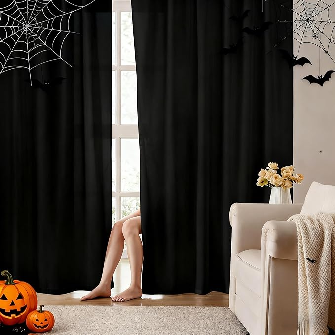 HOMEIDEAS Halloween Non-See-Through Black Privacy Semi Sheer Curtains 108 Inches Long 2 Panels Set Light Filtering Curtains for Living Room Bedroom Drapes,W52xL108