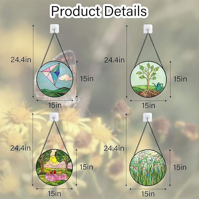 Stained Glass Window Hanging 4 Pcs Set Pink Green Spring Saplings Flowers Large 15" - Suncatcher Door Garden Sun Catcher Home Decor Mother's Day for Woman Nana Mom Men