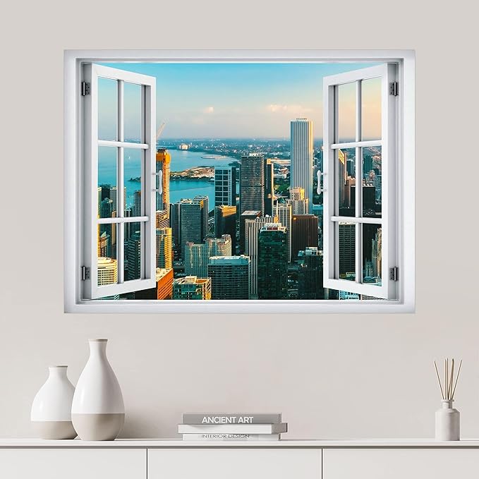 SIGNWIN Removable Wall Sticker/Wall Mural Window View New York City Harbor Skyline Nature Wilderness Photography Decorative Landscape Digital Art for Living Room, Bedroom, Office - 36"x48"