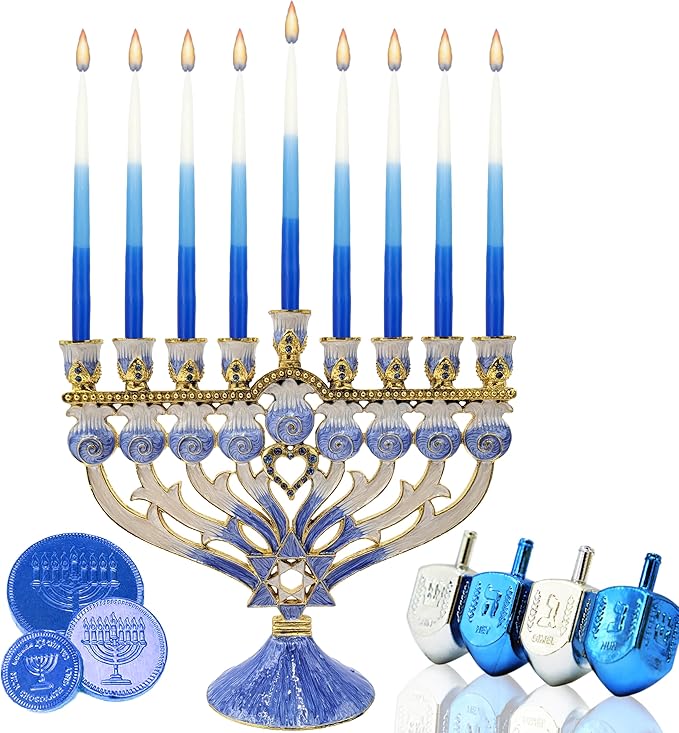 Deluxe Tapered Hanukkah Menorah Tri Color Blue, Blue, and White, Candles for All 8 Nights of Chanukah (10-Pack)