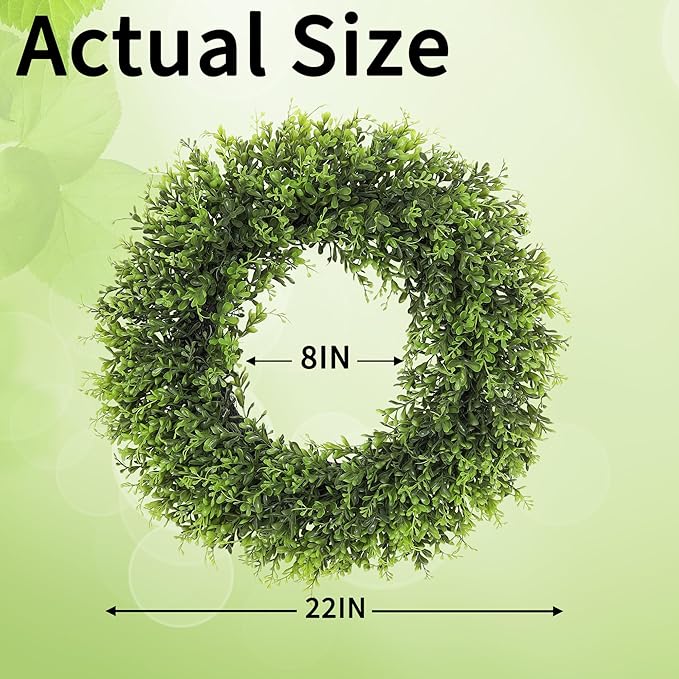 22inch Artificial Boxwood Wreath, 22" Spring Summer Wreath Faux Greenery Leaves Wreath for Front Door Wall Window Porch Farmhouse Patio Garden Indoor Outdoor Decor Wedding Party Decoration