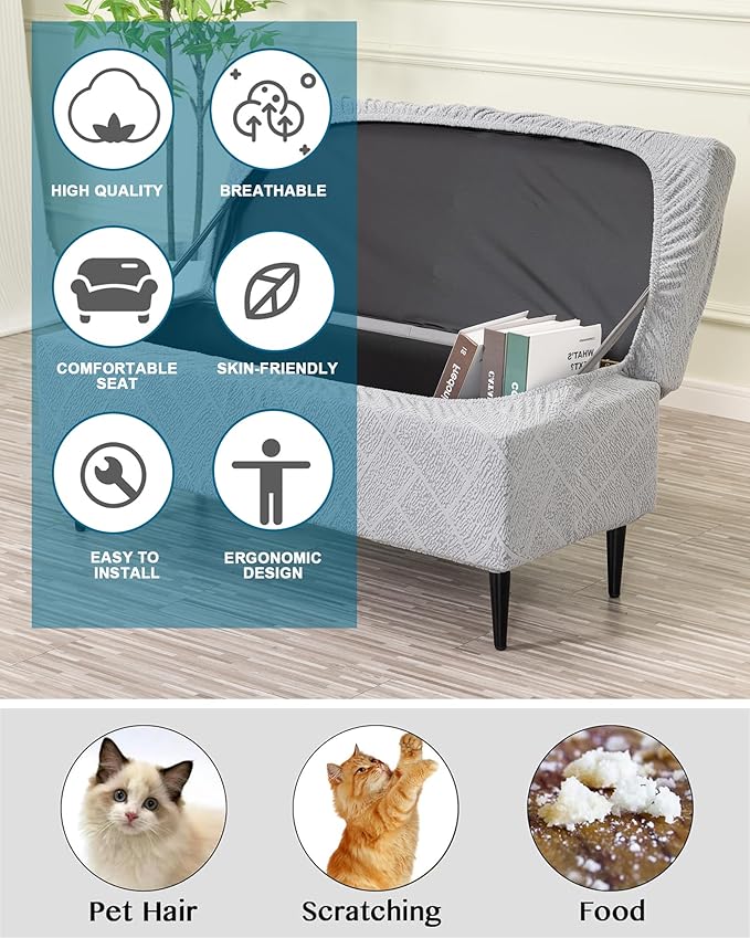 CRFATOP Jacquard Ottoman Stool Cover Stretch Folding Storage Footstool Bench Slipcovers Upholstered Foot Chest Chair Covers Washable Entryway Furniture Protector with Elastic Bands,L,Light Grey