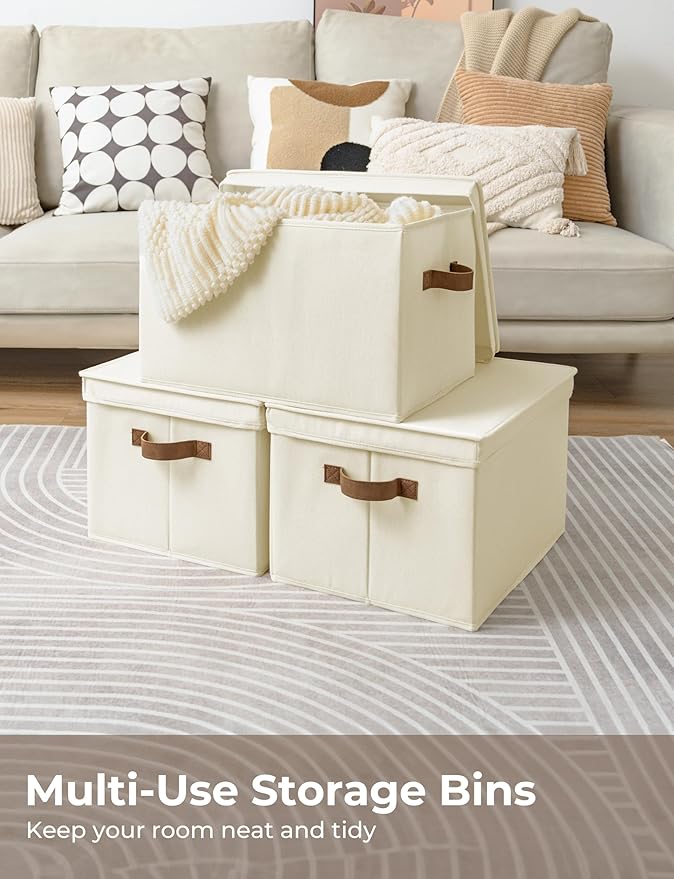 StorageWorks Storage Bins with Lids, Decorative Storage Boxes with Lid and PU Handles, Foldable Storage Baskets for Closet, Shelves, Stackable, Ivory, Jumbo, 3-Pack