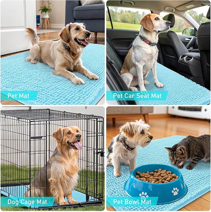 OLANLY Dog Door Mat for Muddy Paws 48x30, Absorbs Moisture and Dirt, Absorbent Non-Slip Washable Doormat, Quick Dry Chenille Mud Mat for Dogs, Entry Indoor Entryway Carpet for Inside Floor, Blue