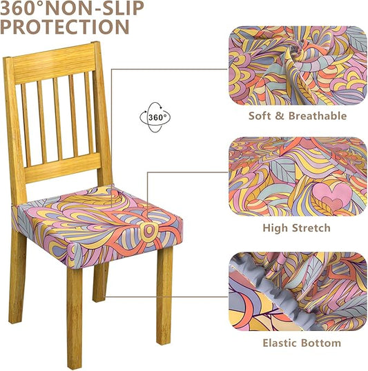 Stretch Dining Chair Seat Covers Set of 6,Dining Chair Slipcovers, Floral Printed Chair Covers,Soft Fabric Washable Upholstered Chair Seat Protector, No Rear Covers for Home Kitchen Dining Room