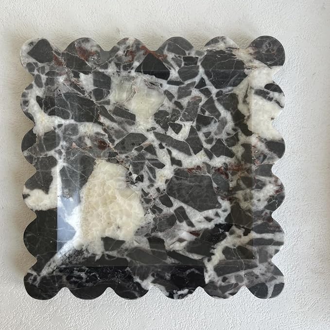 Vintage Natural Marble Tray Small Ornaments Scalloped Tray Handmade Storage Dish for Counter, Vanity, Dresser, Nightstand and Desk (Black White Brown)