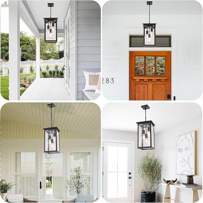 17'' Large Outdoor Indoor Pendant Light 3-Lights, Modern Black and Brushed Brass Exterior Hanging Porch Pendant Light with Hammer Glass, Outdoor Ceiling Lights for Front Entryway Gazebo Patio