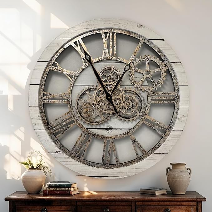ImprovingLife The Gears Clock The Original Real Moving Gear Wall Clock Vintage Industrial Oversized Rustic Farmhouse (24 inch (60cm),White Farmhouse)