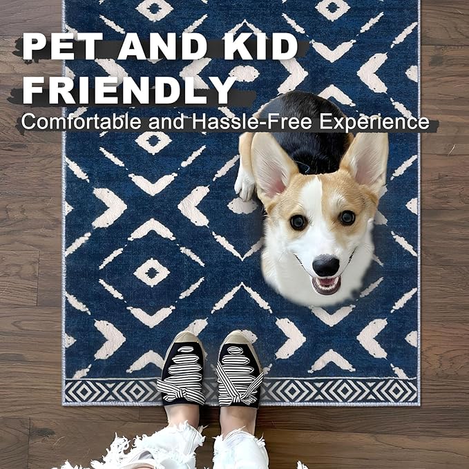 KILOCOCO Living Room Rug 5x7 Area Rug Printed Boho Washable Bedroom Rugs Non Slip Soft Large Moroccan Rubber Backed Indoor Rugs for Dining Room Office Farmhouse Geometric Carpet, Blue