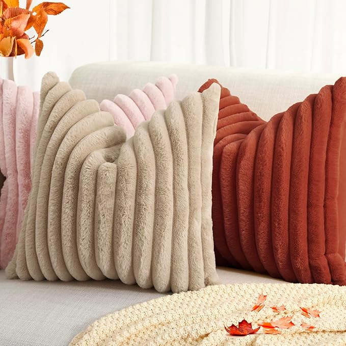 decorUhome Faux Fur Thanksgiving Day Throw Pillow Covers 16x16 Set of 2, Decorative Soft Plush Striped Neutral Couch Euro Pillow Covers with Velvet Back for Sofa, Bed, Living Room Home Decor, Rust