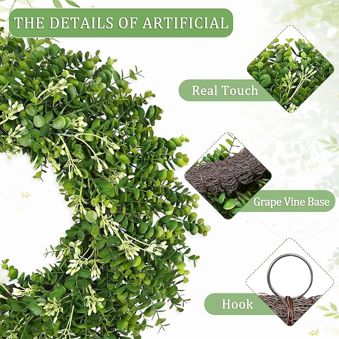 24-26 Inch Large Greenery Eucalyptus Boxwood Wreaths Artificial Easter Summer Spring Wreaths for Front Door Outdoor All Season Spring Decorations for Home Porch Room Window Wall Farmhouse (Berries)