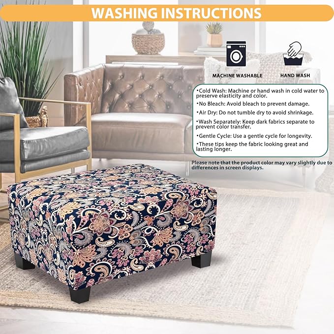 Ottoman Cover Rectangle Printed,Stretch Footstool Slipcover with Elastic Bottom,Soft Fabric Protector for Rectangular Ottoman in Living Room or Bedroom,Medium,Flower H