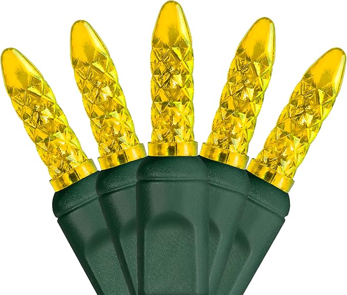 Wintergreen Lighting 24 ft 70 Count M5 Faceted Gold LED Christmas Lights, Green Wire Indoor/Outdoor Commercial Grade Mini String for Holiday Decor