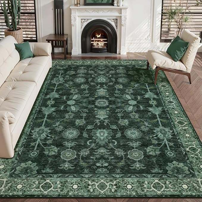 Tangsoo Washable Area Rug 3x5 Non Slip, Boho Distressed Vintage Green Floral Throw Rug for Bedroom Entryway, Soft Low Pile Floor Carpet Indoor Mat for Entrance Bedside Kitchen Nursery Office Farmhouse