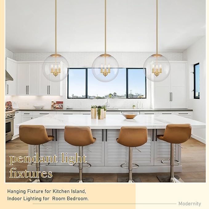 13.7" Globe Pendant Light Contemporary Globe Pendant Lights Kitchen Island 3 Light Gold Mid Century Pendant Light Clear Glass with Brass Finish Adjustable Hanging Light Fixture for Dining Room