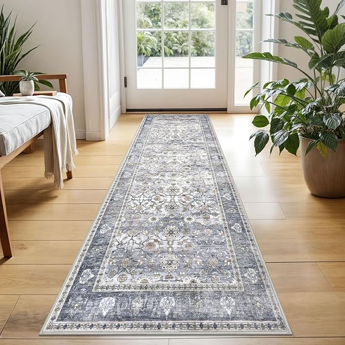 KUTA Vintage Floral Washable Hallway Runner, 2x5 Runners for Hallways Non-Slip Kitchen Rugs Grey Blue Ultra Thin Soft Printed Distressed Oriental Floor Carpet for Laundry Bedroom Living Room Nursery