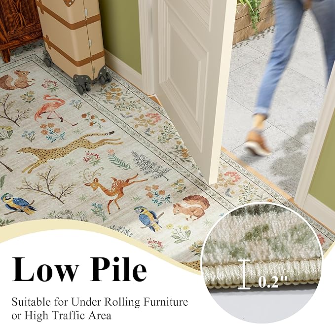 DUKINO 2x6 Rug for Hallway, Washable Kitchen Runner Rug with Non Slip Backing, Soft Low Pile Vintage Animal Runner for Bedroom, Kitchen, Hallway, Entryway, Laundry, Beige