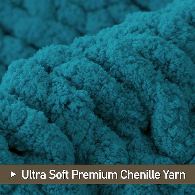 Chunky Knit Throw Blanket 60"X 80", 100% Handmade with Soft Chenille Yarn, 6.7lbs Thick Cable Knitted Blankets, Large Rope Knot Crochet Throws for Couch Sofa Bed Home Decor, Teal