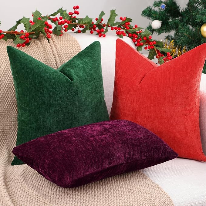 decorUhome Chenille Red Christmas Throw Pillow Covers 12x20 Inch Set of 2, Decorative Soft Couch Pillow Covers Solid Dyed Accent Farmhouse Neutral Rectangle Pillow Cases for Sofa